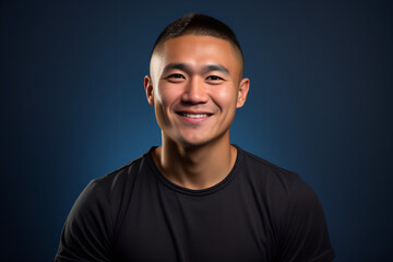 Fototapeta premium Close-Up Portrait of a Happy Fictional Japanese Male Model Smiling. Isolated on a Colored Background. Generative AI.