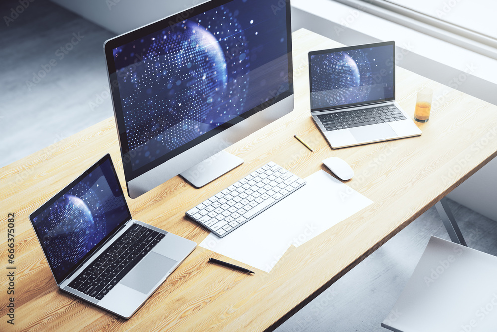 Aufkleber abstract creative world map on modern laptop screen, international trading concept. 3d rendering