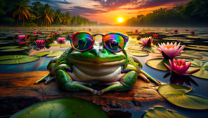 Farbenfroher Frosch in schillernder Sonnenbrille: Ein ausdrucksstarkes Kunstwerk in beeindruckender 4K-Auflösung, das die Magie der Natur mit modernem Flair verbindet - obrazy, fototapety, plakaty