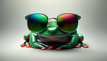Farbenfroher Frosch in schillernder Sonnenbrille: Ein ausdrucksstarkes Kunstwerk in beeindruckender 4K-Auflösung, das die Magie der Natur mit modernem Flair verbindet