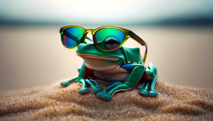 Obraz premium Farbenfroher Frosch in schillernder Sonnenbrille: Ein ausdrucksstarkes Kunstwerk in beeindruckender 4K-Auflösung, das die Magie der Natur mit modernem Flair verbindet