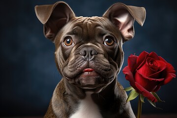 Dog with a red rose isolated on a blue background. Beautiful card for International Women's Day, Valentine's Day and birthday. Pet Day. The concept of love and friendship between man and dog.