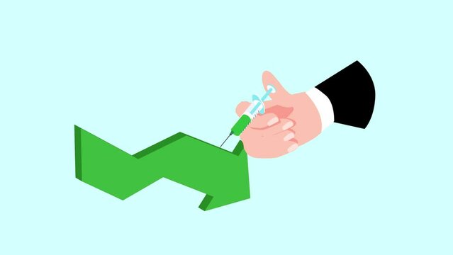 Hand uses syringe on arrow to improve financial health 3d isometric cartoon animation in 4K UHD 3840x2160