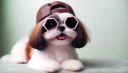 Stilvolle Hundeporträts: Modebewusste Vierbeiner mit Sonnenbrillen und Kappen - Eine visuelle Reise durch die modische Welt unserer besten Freunde - obrazy, fototapety, plakaty