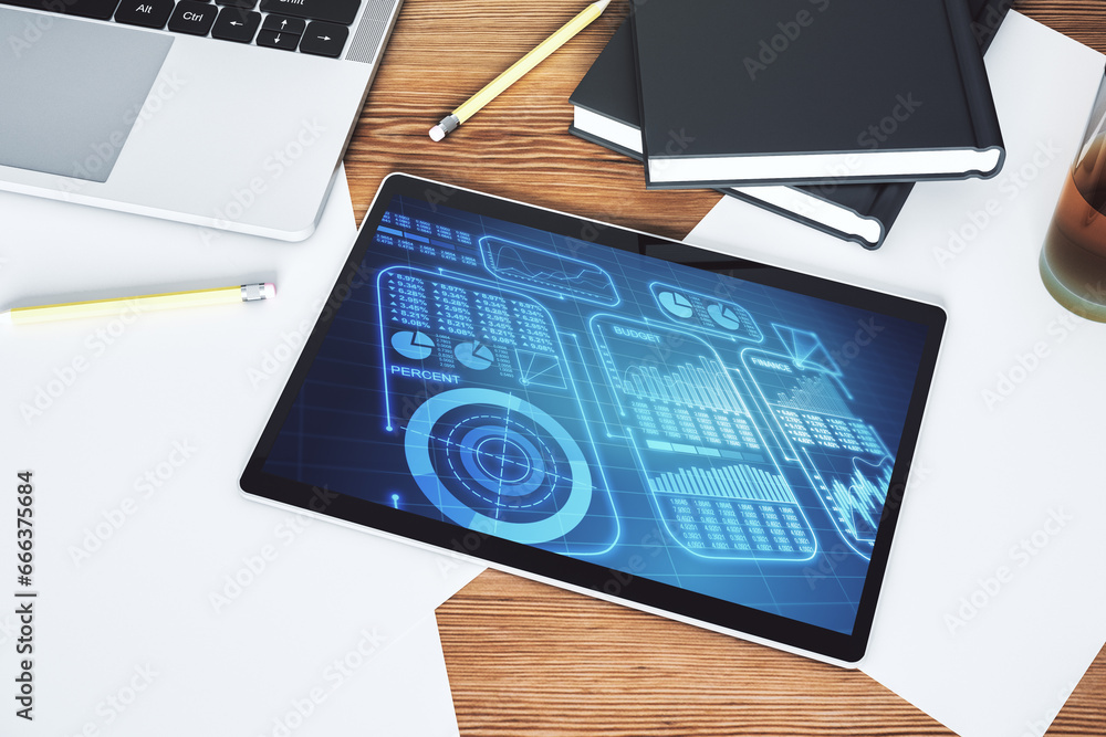 Fototapete abstract creative statistics data hologram on modern digital tablet screen, analytics and forecastin