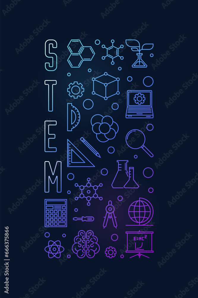 Poster stem - science, technology, engineering and mathematics vector concept thin line vertical colored ba
