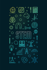 STEM - Science, Technology, Engineering and Math concept vertical colored banner. Vector outline illustration with dark background