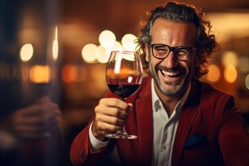 Portrait photograph of a winetaster man tasting red wine