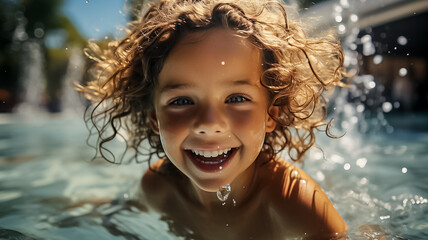 Happy kid have fun in swimming pool. swimming under water, Funny child swim, dive in pool jump deep down underwater from poolside. Healthy lifestyle, people water sport activity, swimming