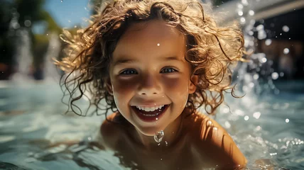 Foto op Canvas Happy kid have fun in swimming pool. swimming under water, Funny child swim, dive in pool jump deep down underwater from poolside. Healthy lifestyle, people water sport activity, swimming © Shubby Studio