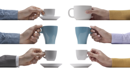 Set of hands holding cups isolated