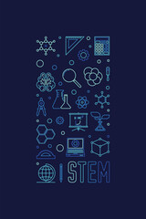 STEM - Science, Technology, Engineering and Math concept vertical blue banner - vector linear illustration