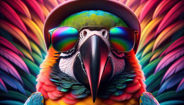 Stilvolle Papageien im Rampenlicht: Ein Kaleidoskop aus Farben, Federpracht, Sonnenbrillen und trendigen Cappys