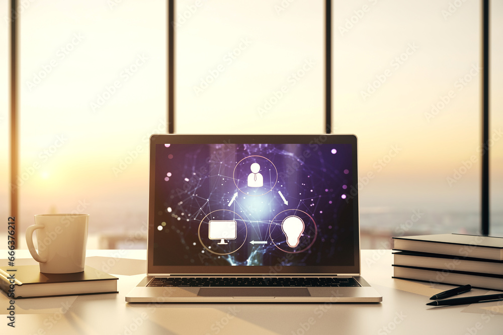 Poster Modern computer display with social network icons concept. Networking concept. 3D Rendering