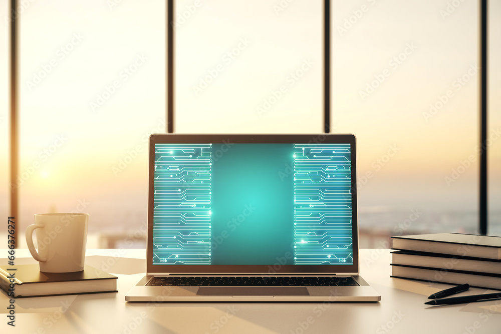 Leinwandbilder Creative abstract micro circuit sketch on modern laptop monitor, future technology and AI concept. 3D Rendering