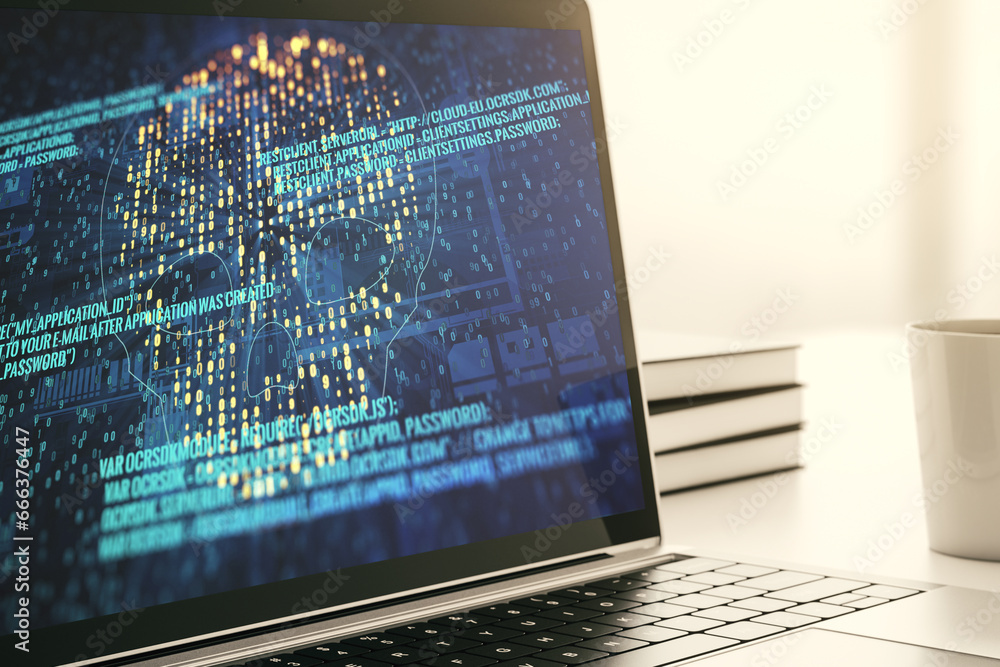 Aufkleber creative concept of code skull illustration on modern laptop screen. hacking and phishing concept. 3