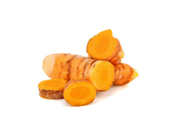 Turmeric (Curcuma longa Linn) rhizome (root) sliced  isolated on white background