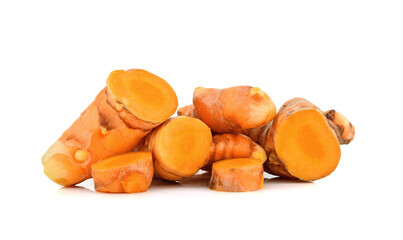Turmeric (Curcuma longa Linn) rhizome (root) sliced  isolated on white background