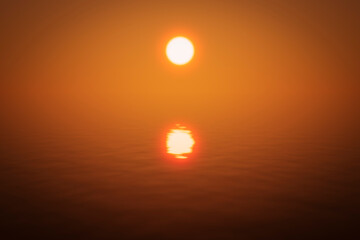 Abstract bright orange sea sunset during fog.