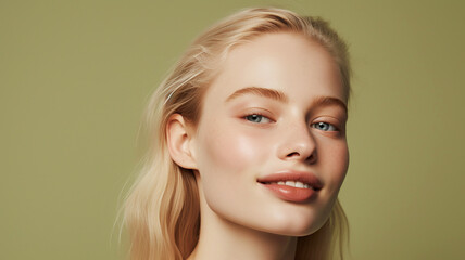 Fototapeta premium Beautiful young woman on a moss green colored background