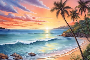 Fototapeta na wymiar Empty Tropical Beach and Seascape: Stunning Sunset Beach Drawing
