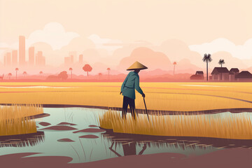 Obraz premium harvesting rice. farmer ties up grain stalks into sheaf in rice field. Beautiful view of sunset among village around paddy, and mountains.hardworking farmer