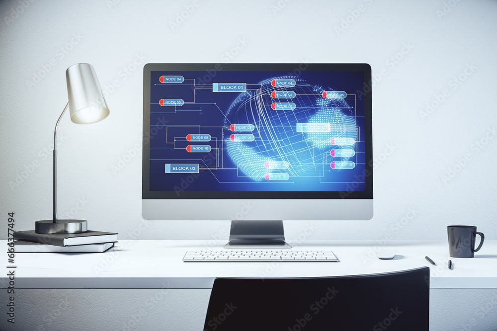 Aufkleber Abstract creative coding illustration with world map on modern computer monitor, international software development concept. 3D Rendering