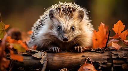 Hedgehog Scientific name Erinaceus Europaeus. Wild, native, European hedgehog in Autumn foraging on a fallen log with colourful orange and yellow leaves. Horizontal. Space for copy. Autumn forest - obrazy, fototapety, plakaty