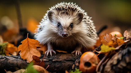 Hedgehog Scientific name Erinaceus Europaeus. Wild, native, European hedgehog in Autumn foraging on a fallen log with colourful orange and yellow leaves. Horizontal. Space for copy. Autumn forest