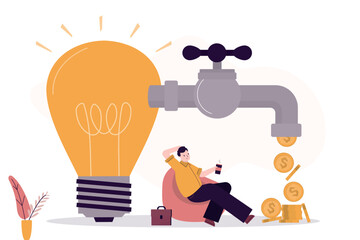 Cash flow from innovation idea. Open tap, gold coins fall from faucet. Businessman take profit. Finance faucet. Happy business man relax and looking on wealth.