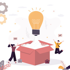 Happy co-founders launch new project. Big light bulb take off from open box. Innovation idea, startup launch, crowdfunding concept. New business development,