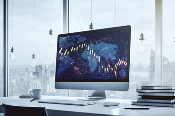 Modern computer monitor with abstract creative financial chart with world map, research and strategy concept. 3D Rendering