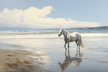 Obraz na płótnie Canvas Horse on Beach: Panoramic Beach Landscape - Captivating Equine Majesty on the Shore
