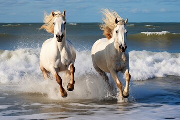 Obraz na płótnie Canvas Horses Running on Beach: Majestic Galloping by the Sea