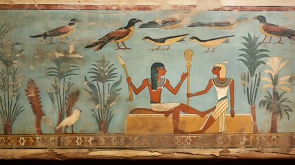 Ancient Egyptian Mural Hieroglyphs Symbols Wall Painting History Culture 16:9 - obrazy, fototapety, plakaty
