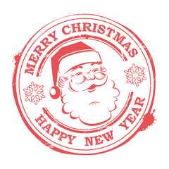 Christmas round stamp with cute Santa Claus with text and snowflakes. - obrazy, fototapety, plakaty