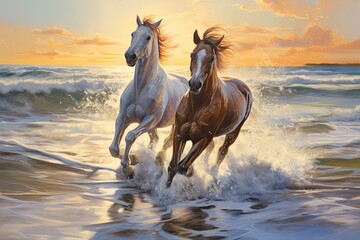 Obraz na płótnie Canvas Horses Running on Beach: Inspiring Tropical Beach Seascape Horizon Image
