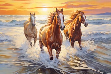 Horses Running on Beach: Inspiring Tropical Beach Seascape Horizon in Majestic Display - obrazy, fototapety, plakaty