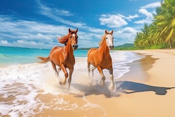 Horses Running on Beach: Stunning Tropical Nature Landscape of a Beautiful Sunny Day by the Sea