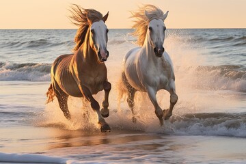 Obraz na płótnie Canvas Horses Running on Beach:Captivating Summer Beach Scene