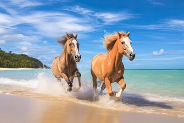 Fototapeta premium Horses Running on Beach: Tropical Holiday Beach Banner with Majestic Equine Scenes
