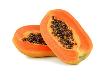 Papaya fruit with seeds isolated on white background