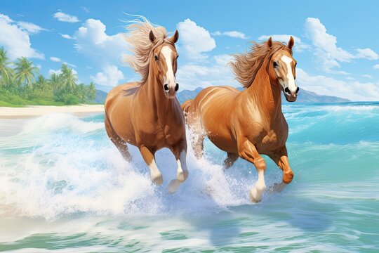 Horses Running on Beach: Tropical Holiday Beach Banner - Stunning Image for Horse Lovers and Beach Enthusiasts