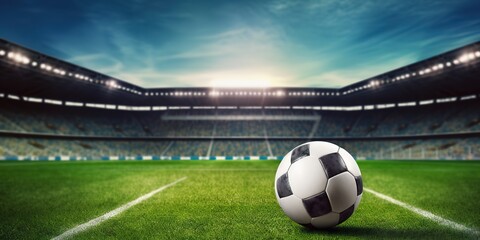 Fototapeta premium a soccer ball on the stadium grass, stadium background