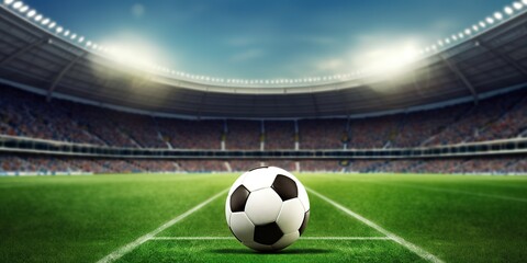 a soccer ball on the stadium grass, stadium background