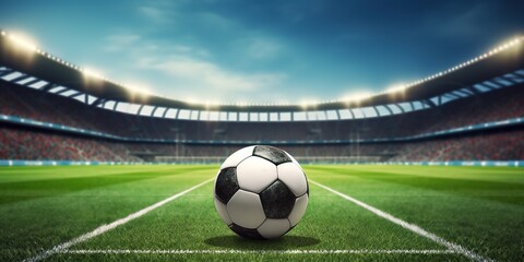 a soccer ball on the stadium grass, stadium background