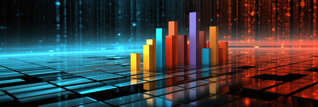 Vibrant 3D bar chart illustration with a modern, clean aesthetic, featuring bold red and blue color contrasts. © L.S.