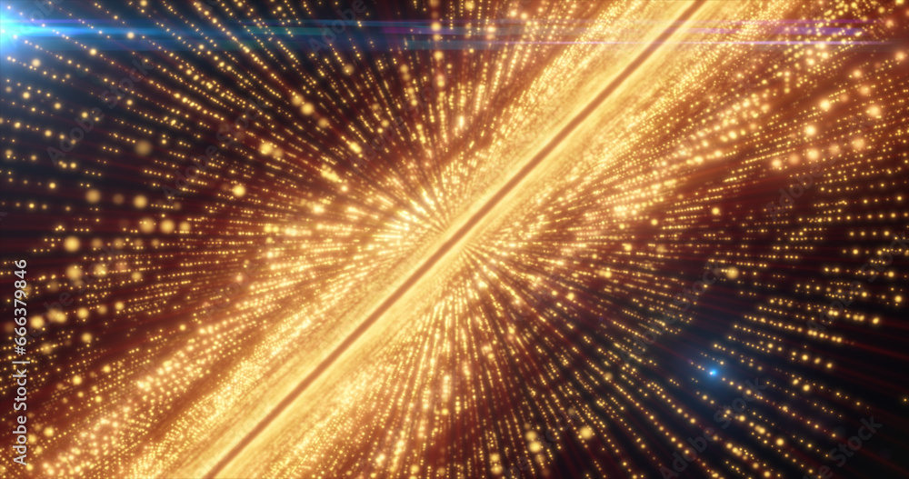 Poster abstract yellow energy hi-tech lines and digital particles fly in a tunnel with bokeh effect glowing