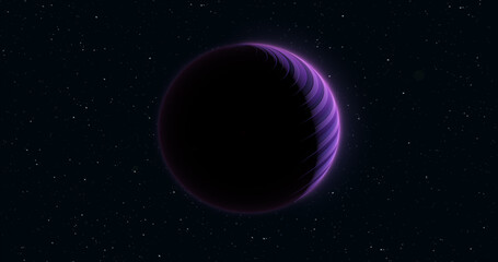 Abstract realistic planet purple hi-tech luminous round sphere in space against the background of stars