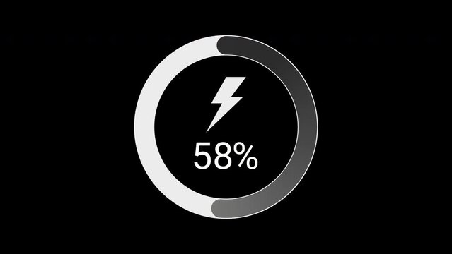 Battery charging animation with power icon and percentage numbers isolated on a black background.